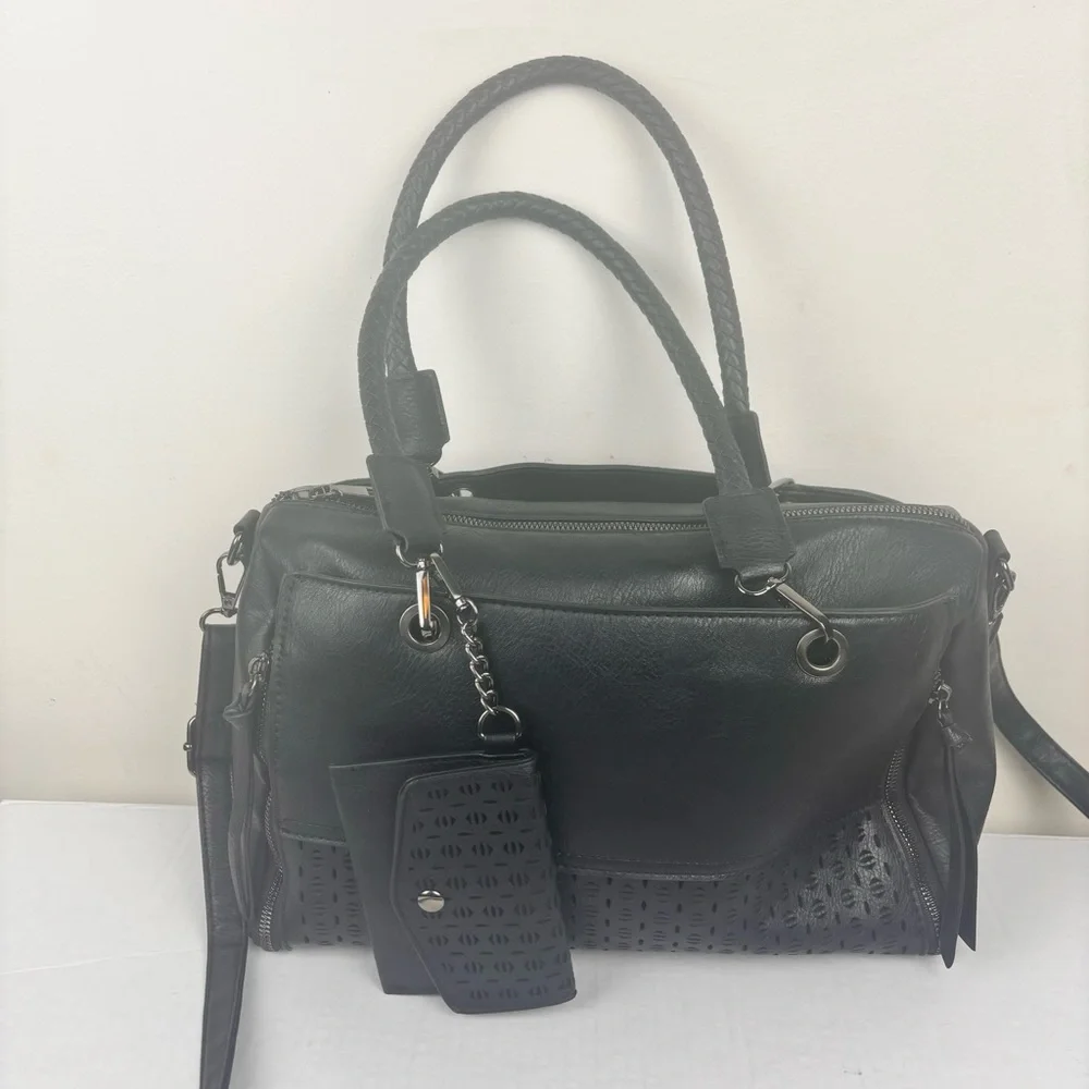 Sam & Hadley black laser cut satchel bag-EUC